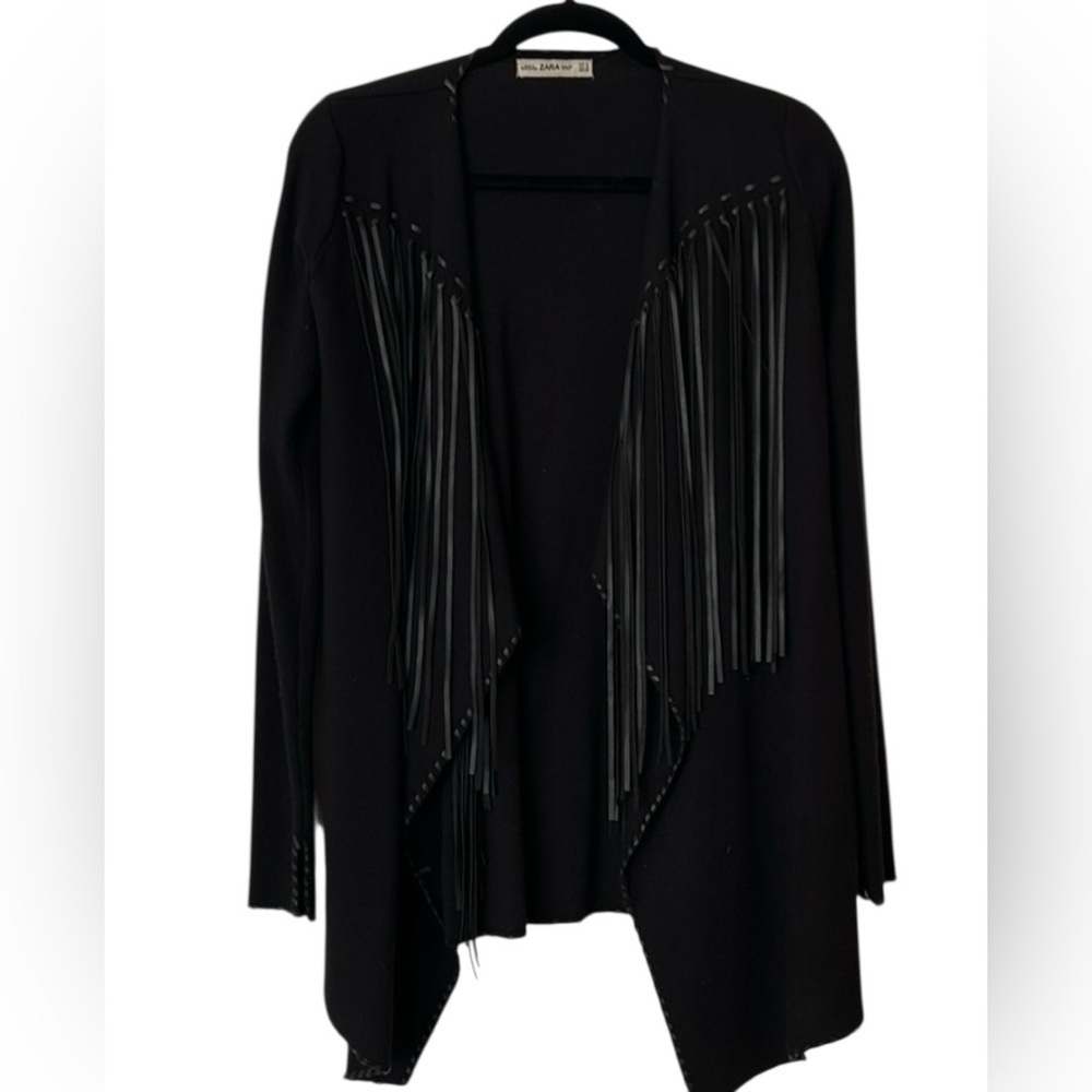 ZARA KNIT - Black FAUX Leather Fringe Cardigan